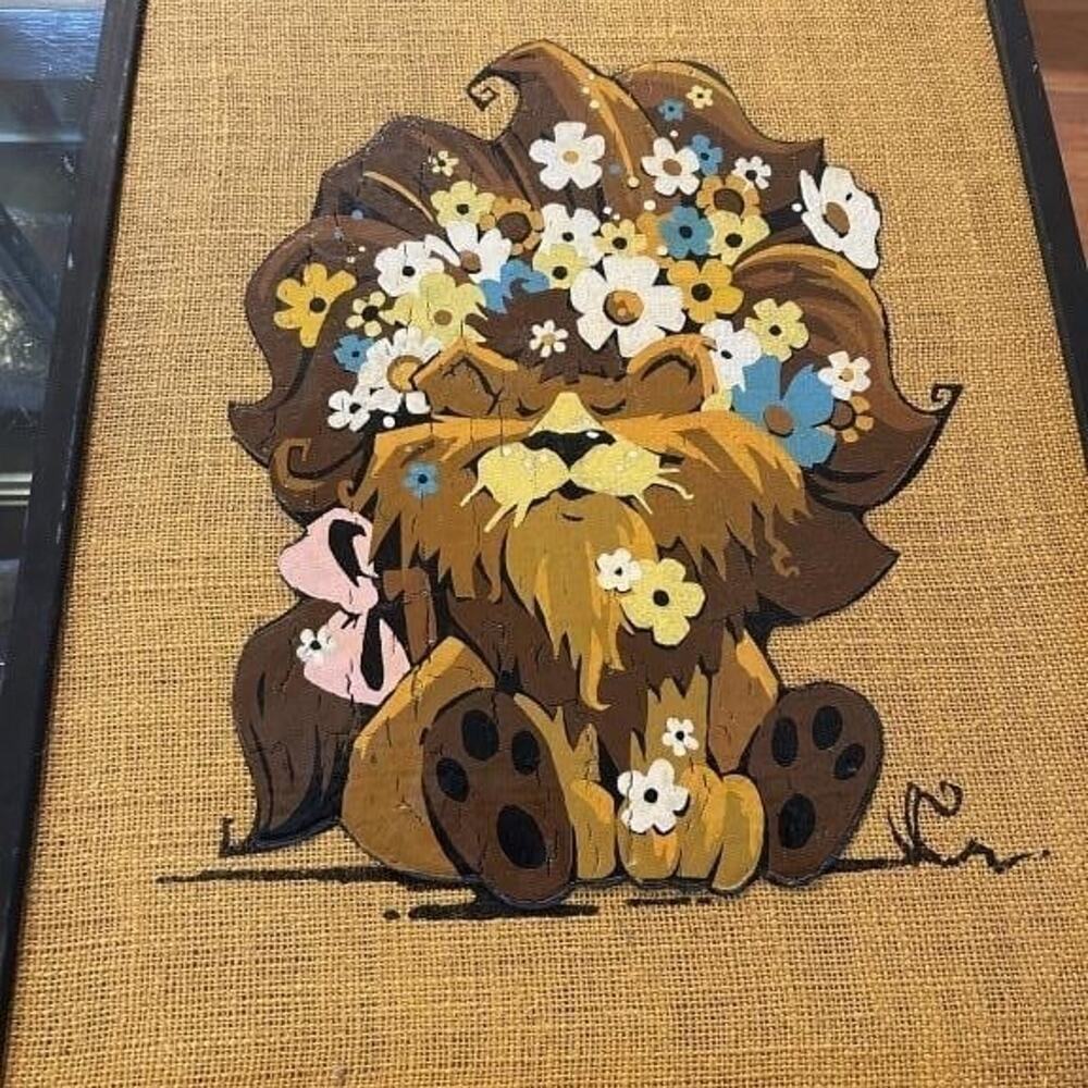 Vintage Folk Art Lion Painting on Burlap‎ – Floral Lion Whimsical Wall Art